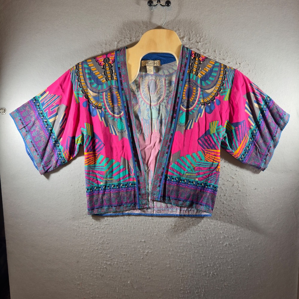 1528 | Flying Tomato Boho Tribal Print Cropped Kimono Cardigan Pink Womens S